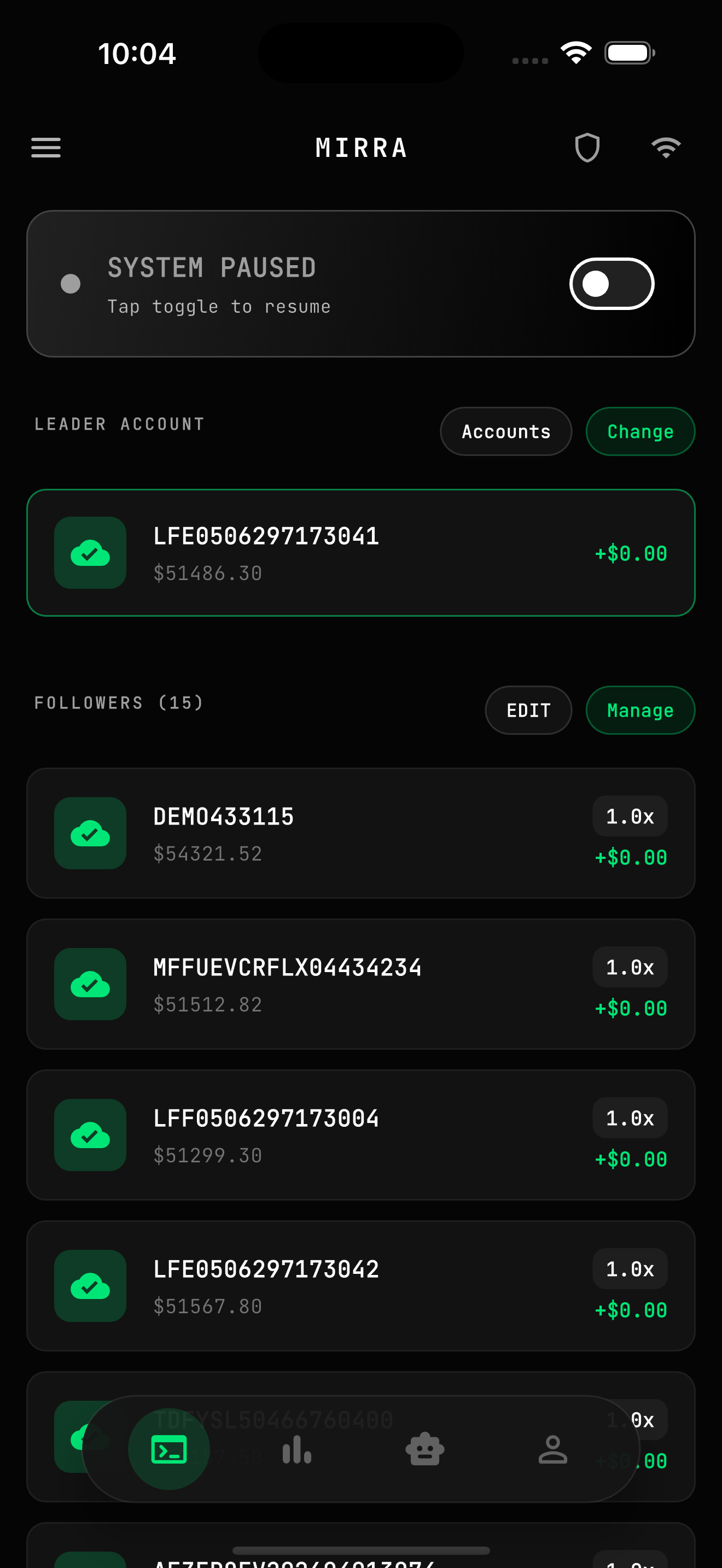 MIRRA mobile account management screen